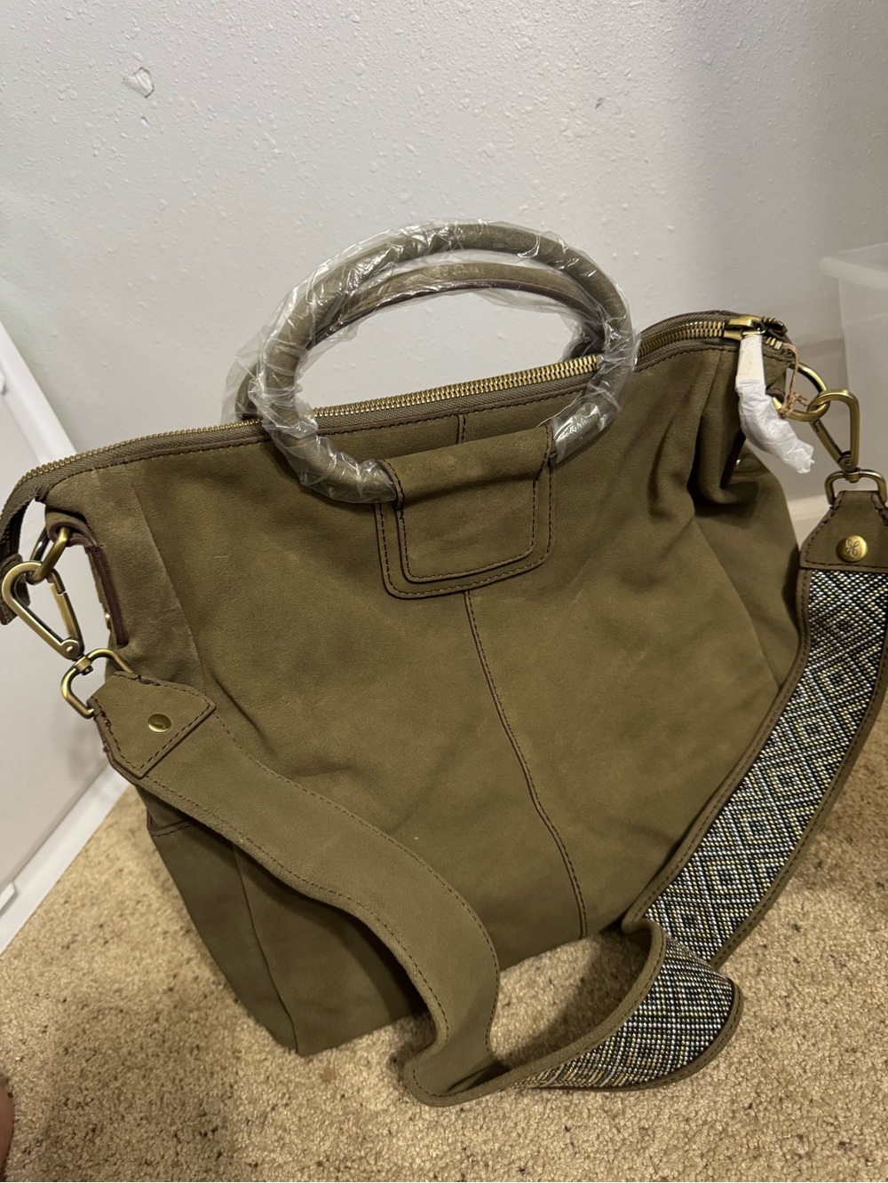 HOBO Olive Green Canvas Shoulder Bag with Patterned Strap